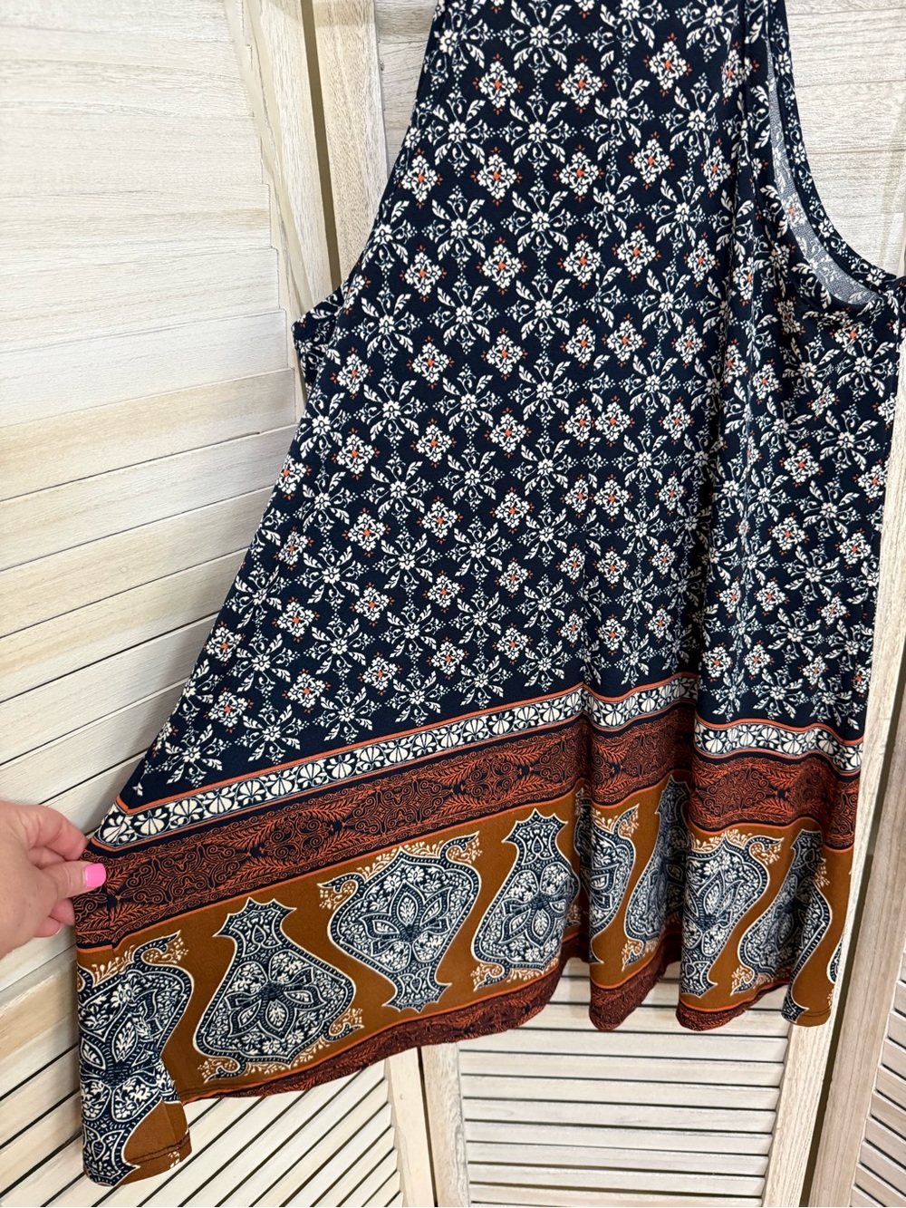 Xhilaration Navy Floral & Paisley Halter Mini Dress with Rust Border - Picture 2 of 8